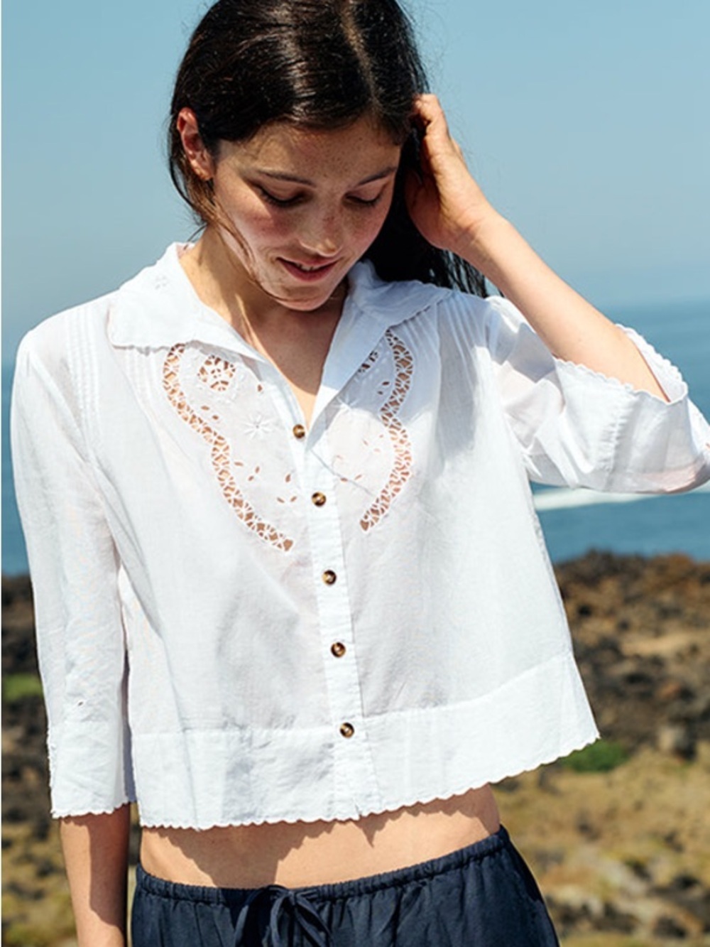 Ciao Lucia Cezanne Cotton Voile Embroidered Lace Button Down Blouse Top White